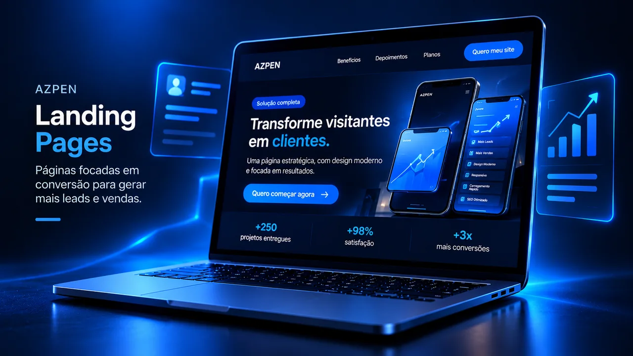 Ilustração de landing page AZPEN em notebook e celulares